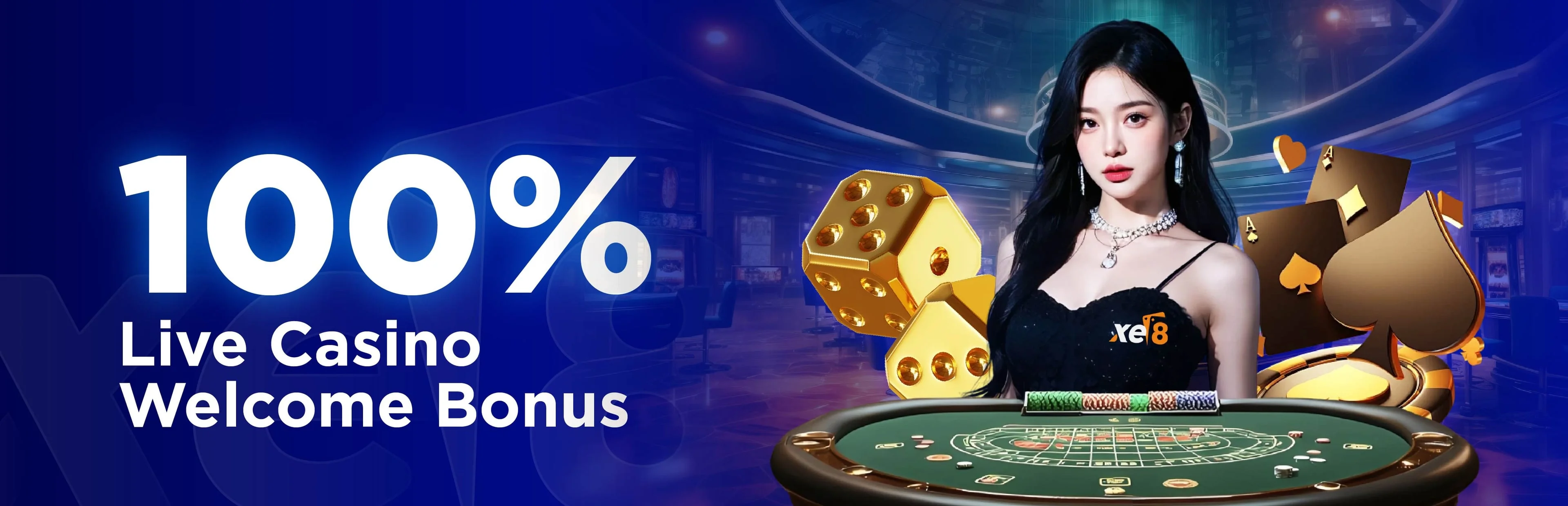 xe8 100% Live Casino Welcome Bonus — baccarat, dragon tiger, roulette — up to MYR 500 max bonus