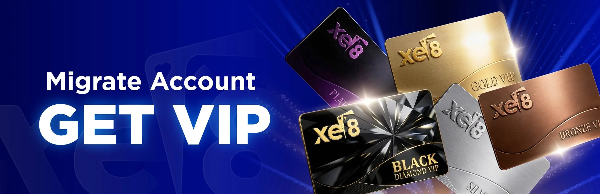 xe8 VIP Migration Bonus — migrate your VIP status from another casino and get matched tier rewards from Bronze to Black Diamond with only x6 wagering