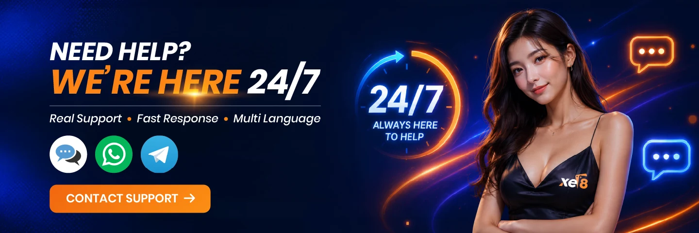 xe8 casino 24/7 customer support, real support via live chat, WhatsApp and Telegram, fast response in multiple languages