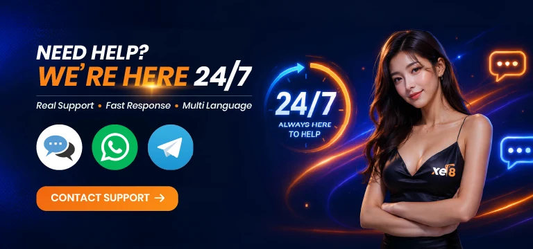 xe8 casino 24/7 customer support, real support via live chat, WhatsApp and Telegram, fast response in multiple languages