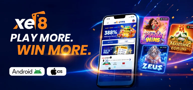 XE8 online casino app, Play More Win More, available on Android and iOS with slots, sports betting and 388% welcome bonus