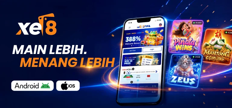 XE8 kasino dalam talian, Main Lebih Menang Lebih, tersedia di Android dan iOS dengan slot, pertaruhan sukan dan bonus 388%